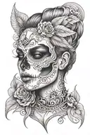 half skull half woman's face merged together symbolizing tattoo design idea