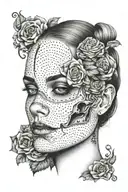 A dotwork tattoo featuring a half woman's face and half skull, with a touch of beauty and darkness tattoo design idea