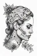A dotwork tattoo featuring a half woman's face and half skull, with a touch of beauty and darkness tattoo design idea