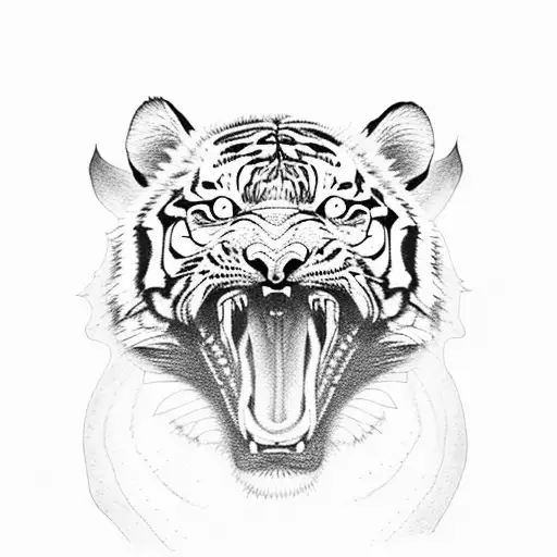 tiger with open mouth and a baby tiger inside of the mouth tattoo design idea