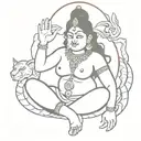 Bagalamukhi devi invisible, except for her hands and eyes. Her foot on demon chest and 1 hand holding demon tongue. tattoo design idea