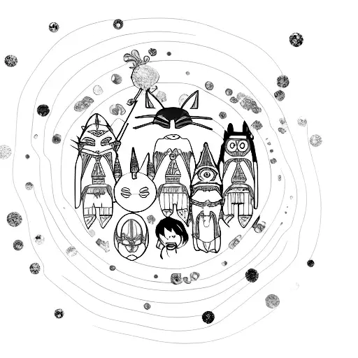 A new-school design featuring Studio Ghibli characters surrounded by glitter and shine tattoo design idea