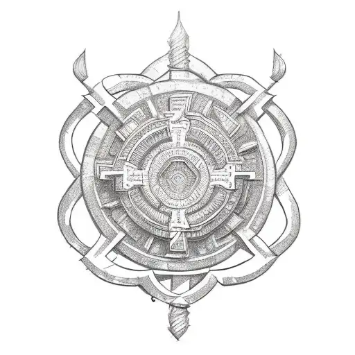 An intricate geometric design incorporating elements of a bricklayer's tools and a Viking shield, showcasing your passion for craftsmanship and leadership. Style: sketch tattoo design idea