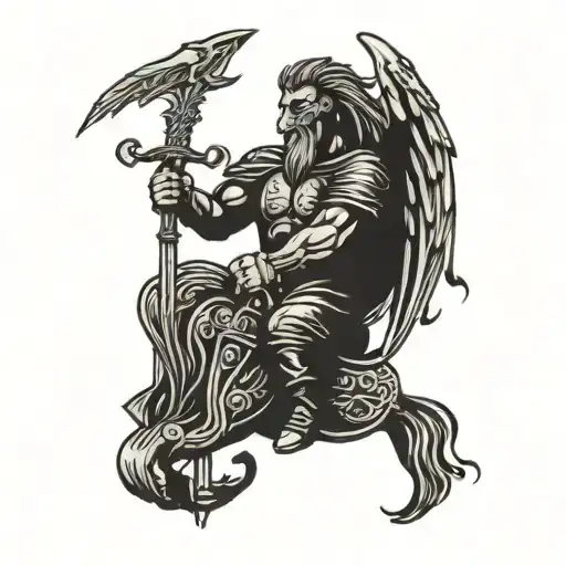 dark man angles with wings with sword  , riding a horse tattoo design idea