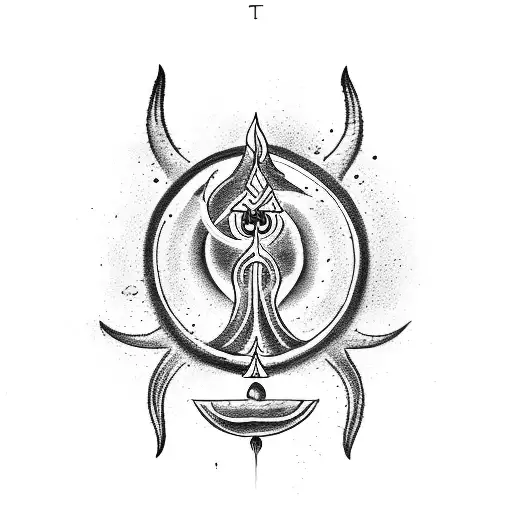 A detailed illustration of Mahadev's trishul (trident) with a mantra written in Sanskrit tattoo design idea