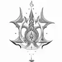 A detailed illustration of Mahadev's trishul (trident) with a mantra written in Sanskrit tattoo design idea