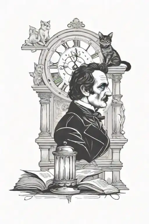 Edgar Allen Poe with cat on shoulder clock tower behind him, book in one hand candle in the other tattoo design idea