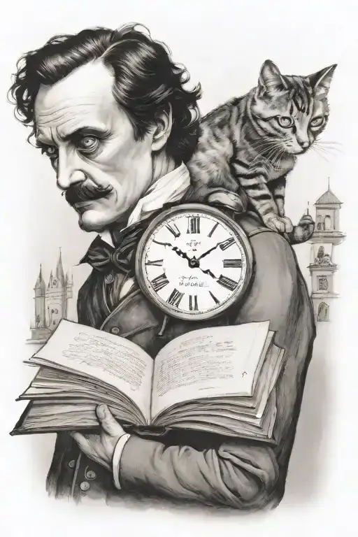 Edgar Allen Poe, cat on his shoulder, clock tower behind him, book in hand tattoo design idea