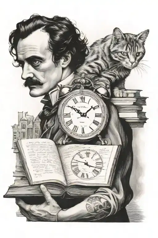 Edgar Allen Poe, cat on his shoulder, clock tower behind him, book in hand tattoo design idea