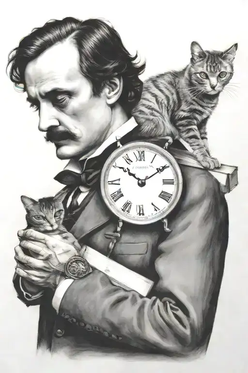 Edgar Allen Poe, cat on his shoulder, clock tower behind him, book in hand tattoo design idea