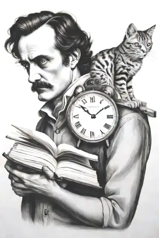 Edgar Allen Poe, cat on his shoulder, clock tower behind him, book in hand tattoo design idea
