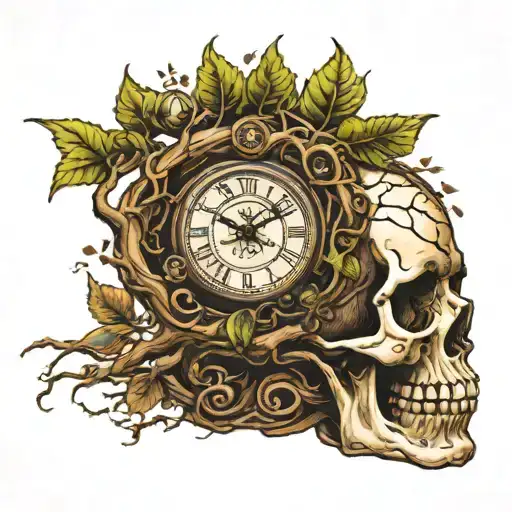 tree growing out of skull with clock and compass on branches  tattoo design idea