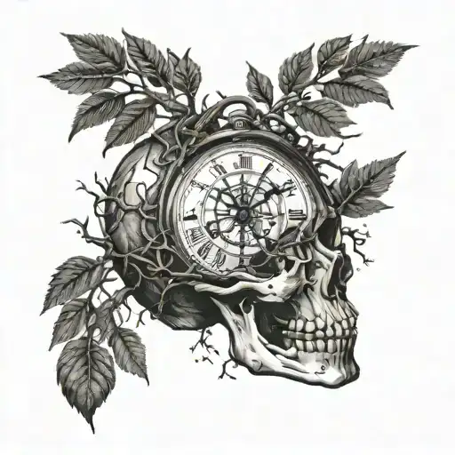 tree growing out of skull with clock and compass on branches  tattoo design idea