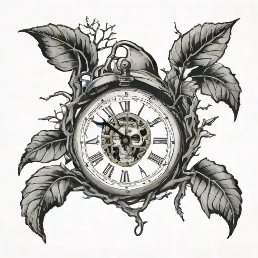 tree growing out of skull with clock and compass on branches  tattoo design idea