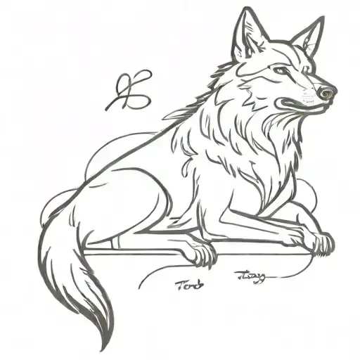wolf-like dog lying down with ''tody'' written underneath tattoo design idea