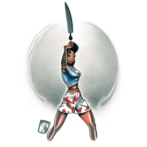 a Black woman, holding a knife wich The point os in her tongue, in the other hand she os holding a bottle tattoo design idea