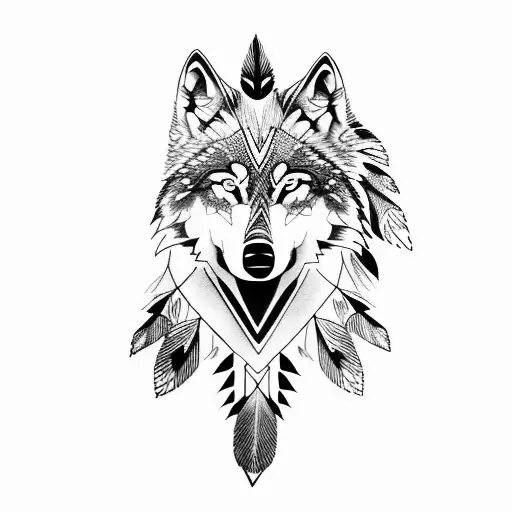 wolf face mixed with indian hat tattoo design idea