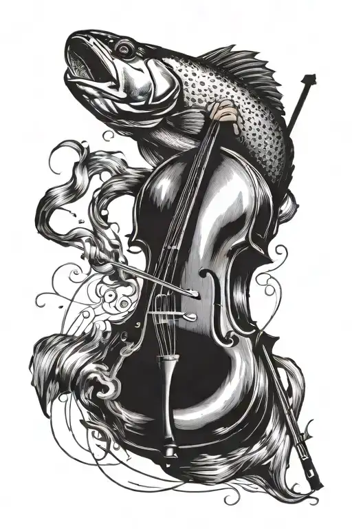 A trout is a double bass and he is playing himself. His head is that of a fish but his body is a double bass. tattoo design idea