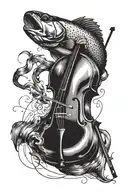 A trout is a double bass and he is playing himself. His head is that of a fish but his body is a double bass. tattoo design idea