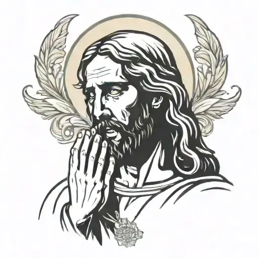 face of Jesus with hands in prayer looking to the left tattoo design idea