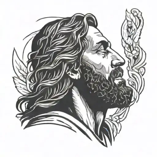 face of Jesus with hands in prayer looking to the left tattoo design idea