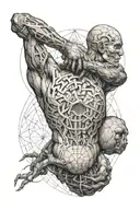 atlas holding up the world with a brain instead of the world. In the background, there are skin "burn holes" show muscle tattoo design idea