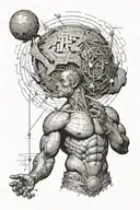 atlas holding up the world with a brain instead of the world. In the background, there are skin "burn holes" show muscle tattoo design idea