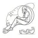 old man sat on moon crescent with cat sitting tattoo design idea