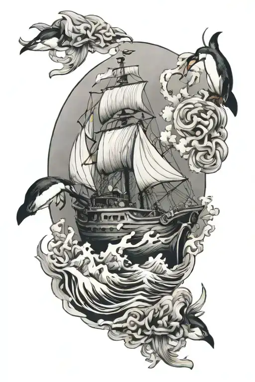 Celtic style iceberg landscape with a shipwreck and penguins with shamrock  tattoo design idea