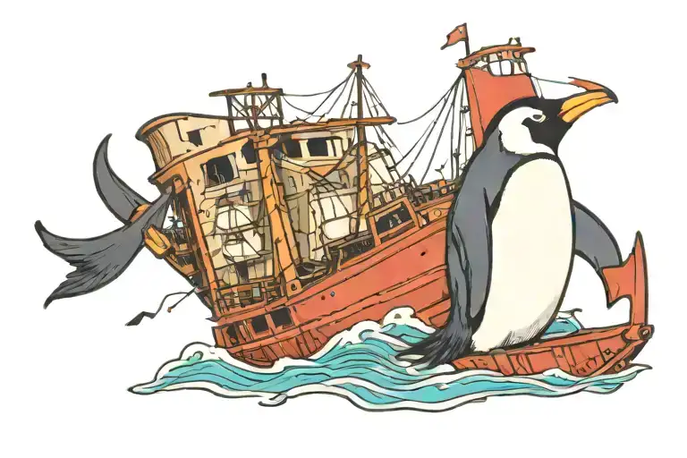 penguin next to shipwreck scene tattoo design idea