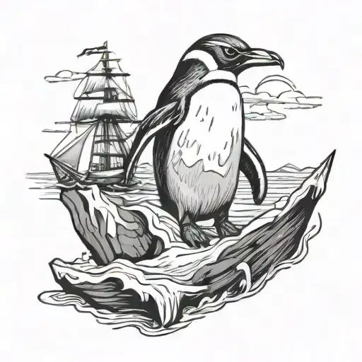 penguin with shipwreck on iceberg  tattoo design idea