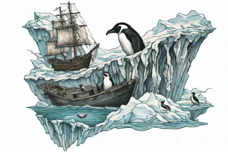shipwreck on an iceberg with penguin tattoo design idea