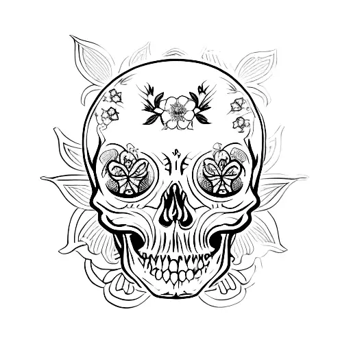 A gothic-style tattoo of a skull adorned with cherry blossoms and butterflies, symbolizing the delicate balance between life and death. tattoo design idea