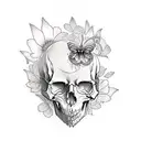 A gothic-style tattoo of a skull adorned with cherry blossoms and butterflies, symbolizing the delicate balance between life and death. tattoo design idea