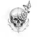 A gothic-style tattoo of a skull adorned with cherry blossoms and butterflies, symbolizing the delicate balance between life and death. tattoo design idea