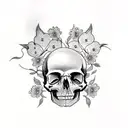 A gothic-style tattoo of a skull adorned with cherry blossoms and butterflies, symbolizing the delicate balance between life and death. tattoo design idea