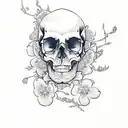 A gothic-style tattoo of a skull adorned with cherry blossoms and butterflies, symbolizing the delicate balance between life and death. tattoo design idea