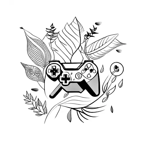 A minimalist tattoo of a game controller surrounded by plants, representing the client's hobbies of gaming and love for nature. tattoo design idea