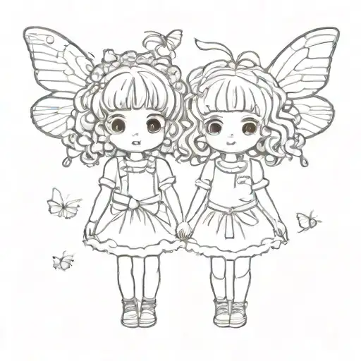 cute kawaii chibi kid sisters holding hands with curly afro buns surrounded by butterflies style of hayao miyazaki tattoo design idea