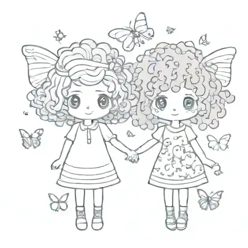cute kawaii chibi kid sisters holding hands with curly afro surrounded by butterflies style of hayao miyazaki tattoo design idea