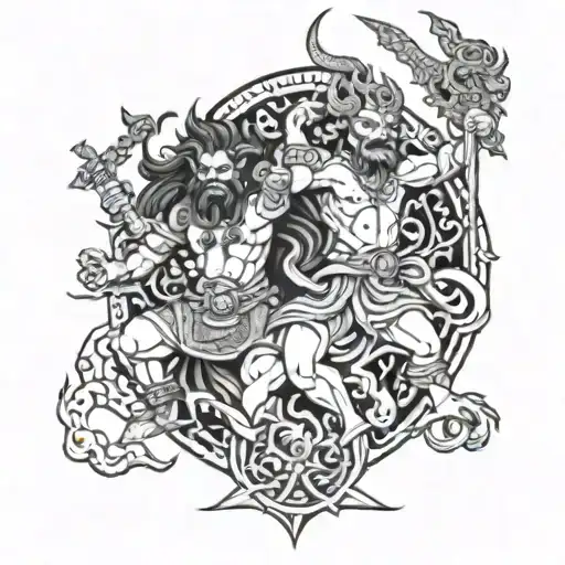 An intricate design featuring Hindu gods and demons engaged in a fierce battle, with a professional trader symbol hidden within the artwork tattoo design idea