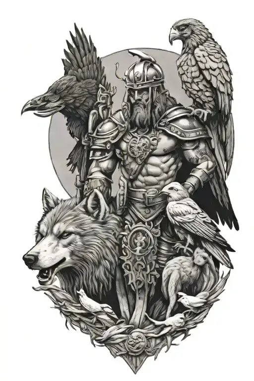 ares and his vultures, mars and his wolves, odin and his ravens tattoo design idea