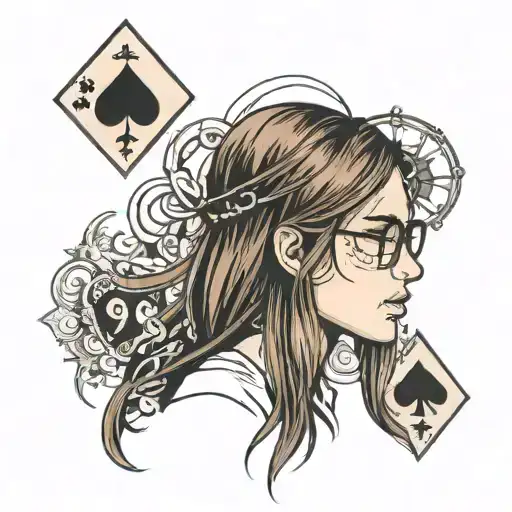 girl in profile, glasses, long straight brown hair, mouth open, looks up, big nose, ace of spades card, text:QOS tattoo design idea