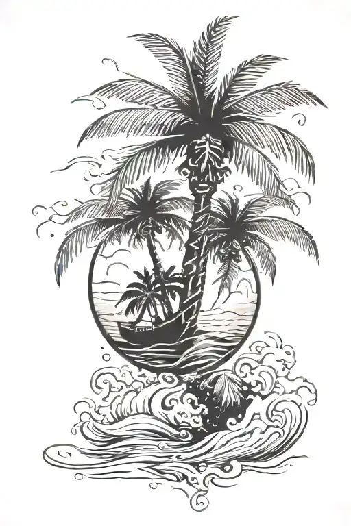 coconut tree ana shell merged together. ocean water around tattoo design idea