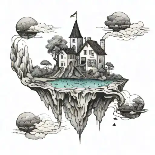 A surreal landscape featuring surreal and fantastical properties, like floating islands or upside-down houses tattoo design idea