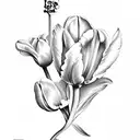 A tulip and skull design inspired by vintage botanical illustrations, with intricate details in black-grey shading tattoo design idea