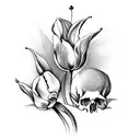 A tulip and skull design inspired by vintage botanical illustrations, with intricate details in black-grey shading tattoo design idea