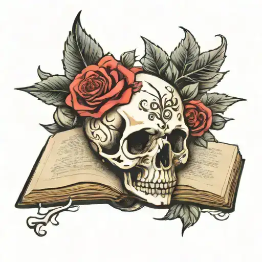 Skull,roses and book open in front tattoo design idea