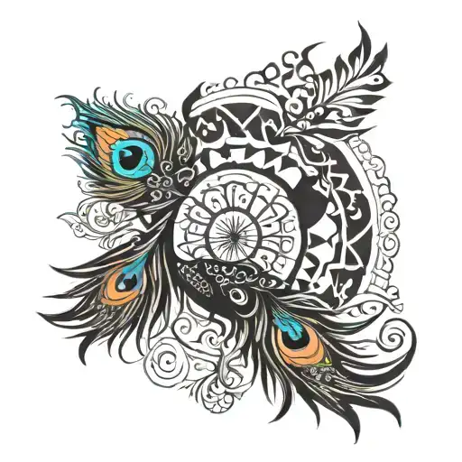 peacock feathers with chakra symbol surrounded tattoo design idea