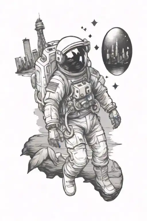astronaut facing a city skyline walking from a beach   tattoo design idea